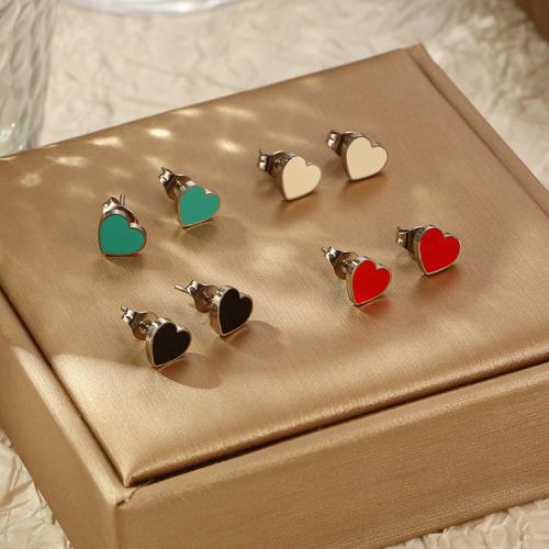 Stainless Steel Stud Earring, 304 Stainless Steel, Heart, silver color plated, for woman & enamel 