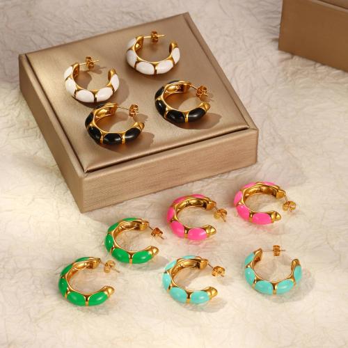 Stainless Steel Stud Earring, 304 Stainless Steel, gold color plated, for woman & enamel 