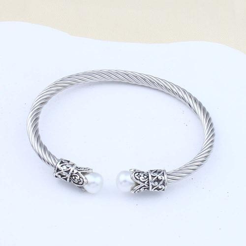 Zinc Alloy Cuff Bangle, with Plastic Pearl & Iron, plated, fashion jewelry, silver color 
