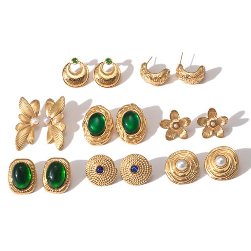 Boucle en acier inoxydable zircons cubiques, Acier inoxydable 304, avec Agate & perle de plastique, Placage, styles différents pour le choix & pavé de micro zircon & pour femme, doré, Vendu par paire