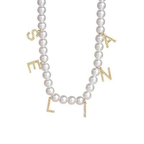 Edelstahl Schmuck Halskette, 304 Edelstahl, mit Kunststoff Perlen, mit Verlängerungskettchen von 5cm, Micro pave Zirkonia & für Frau, goldfarben, Länge:45 cm, verkauft von PC