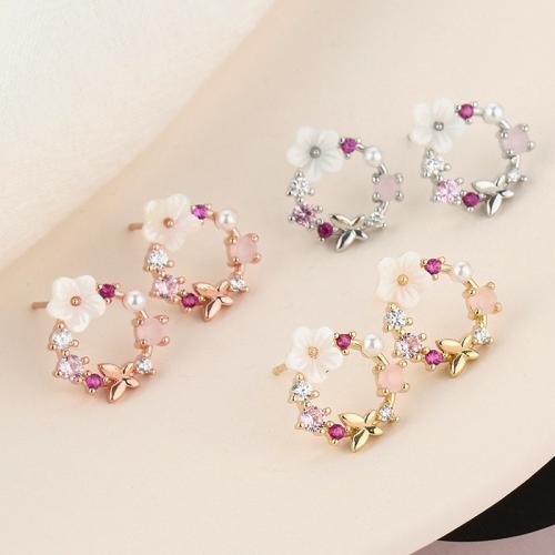 Brass Stud Earring, with Resin & Plastic Pearl, Flower, plated, for woman & with rhinestone 12mm 