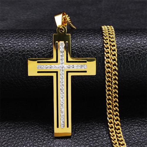 Stainless Steel Jewelry Necklace, 304 Stainless Steel, Cross, fashion jewelry & for man & with rhinestone, golden Approx 60 cm 