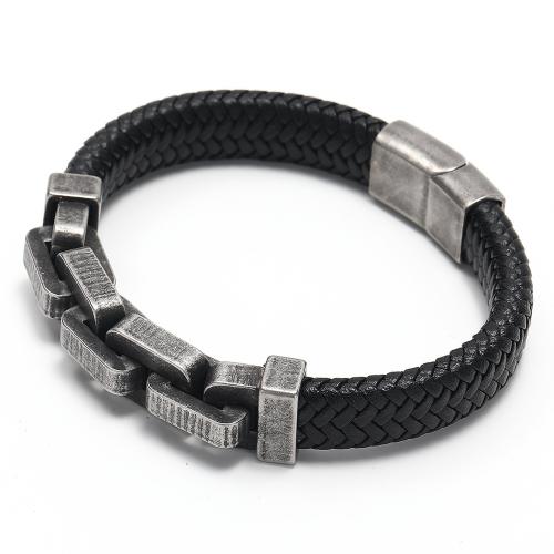 ПУ шнур браслеты, Искусственная кожа, с Нержавеющая сталь 304, панк-стиль & Мужский, черный, 13mm, длина:22 см, продается PC