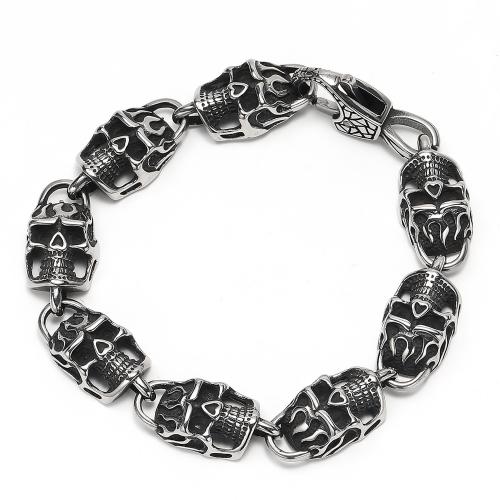 Stainless Steel Chain Bracelets, 304 Stainless Steel, Skull, Antique finish, punk style & for man, black, 15mm cm 
