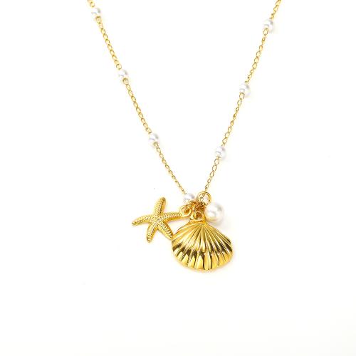 Edelstahl Schmuck Halskette, 304 Edelstahl, mit Kunststoff Perlen, Schale, Vakuum-Ionen-Beschichtung, Modeschmuck & für Frau, goldfarben, Länge:ca. 45 cm, verkauft von PC