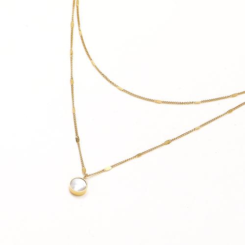 Stainless Steel Jewelry Necklace, 304 Stainless Steel, with Shell, Flat Round, Vacuum Ion Plating, fashion jewelry & for woman & double-sided, golden Approx 45 cm 