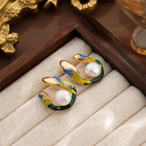 Süßwasser Perle Messing Ohrring, mit Natürliche kultivierte Süßwasserperlen, goldfarben plattiert, für Frau & Emaille, gemischte Farben, 19x24mm, verkauft von Paar