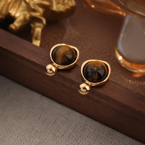 Gemstone Stud Earring, Brass, with Tiger Eye, Round, gold color plated, for woman, brown [