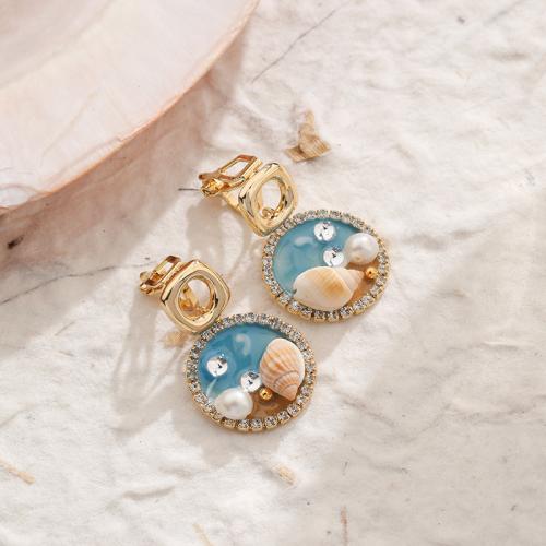 Freshwater Pearl Brass Earring, with Shell & Freshwater Pearl, Round, gold color plated, for woman & enamel & with rhinestone, mixed colors 