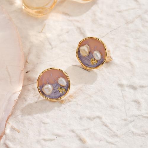 Freshwater Pearl Brass Earring, with Freshwater Pearl, Round, gold color plated, for woman & enamel, mixed colors 