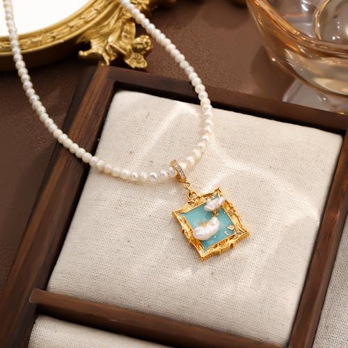 Freshwater Pearl Brass Necklace, with Freshwater Pearl, with 5.5CM extender chain, gold color plated, for woman & enamel, mixed colors 