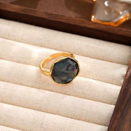 Shell Finger Ring, Brass, with Abalone Shell, gold color plated, for woman 
