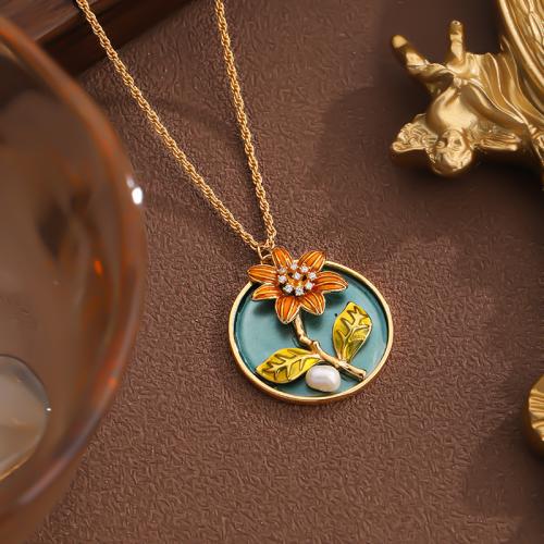 Brass Jewelry Necklace, Flower, gold color plated, for woman & enamel, mixed colors .5 cm 
