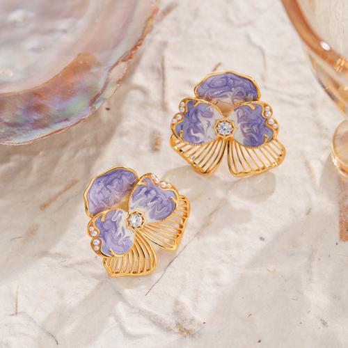 Cubic Zirconia Micro Pave Brass Earring, with Cubic Zirconia, Flower, gold color plated, for woman & enamel, purple 