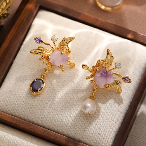 Freshwater Pearl Brass Earring, with Cubic Zirconia & Freshwater Pearl & Glass, Butterfly, gold color plated, for woman & with rhinestone, purple 