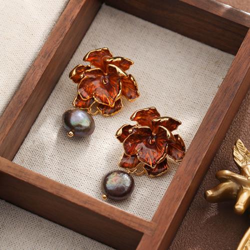 Freshwater Pearl Brass Earring, with Freshwater Pearl, Maple Leaf, gold color plated, for woman & enamel 
