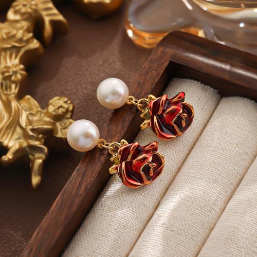 Freshwater Pearl Brass Earring, with Freshwater Pearl, Flower, gold color plated, for woman 