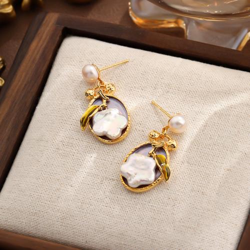 Freshwater Pearl Brass Earring, with Freshwater Pearl, Flower, gold color plated, for woman & enamel 