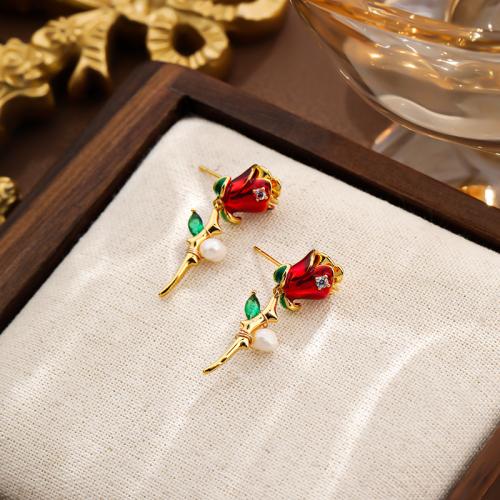 Freshwater Pearl Brass Earring, with Freshwater Pearl, Rose, gold color plated, for woman & enamel, red 