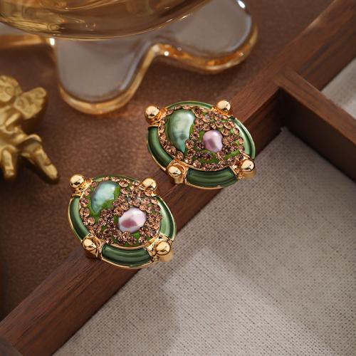 Freshwater Pearl Brass Earring, with Freshwater Pearl, gold color plated, for woman & enamel, green 