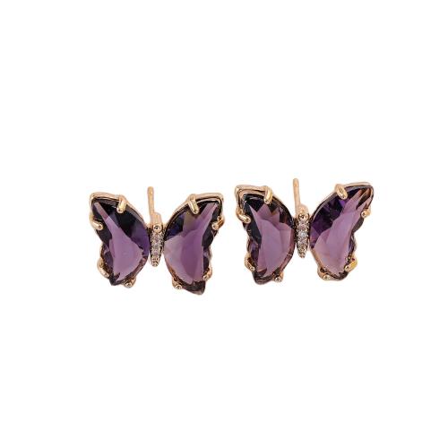 Brass Stud Earring, with Glass, Butterfly, plated, fashion jewelry, purple 