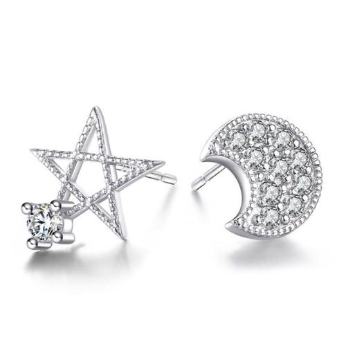 Asymmetric Earrings, Brass, Moon and Star, plated, micro pave cubic zirconia & for woman, platinum color 