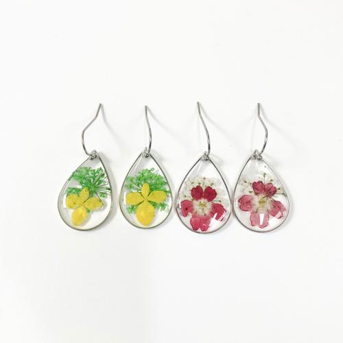 Resin Drop Earring, 304 Stainless Steel, with Dried Flower & Resin & for woman 
