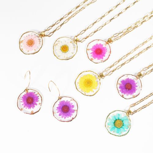 Resin Necklace, 304 Stainless Steel, earring & necklace, with Dried Flower & iron chain & Resin & Zinc Alloy, epoxy gel, 2 pieces & for woman Necklace 45cm, earrings 