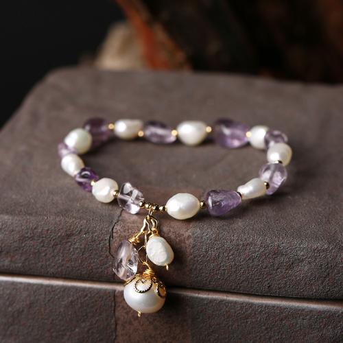 Cultured Freshwater Pearl Brass Bracelet, with Freshwater Pearl & Amethyst, handmade, fashion jewelry & for woman Approx 15.5 cm 