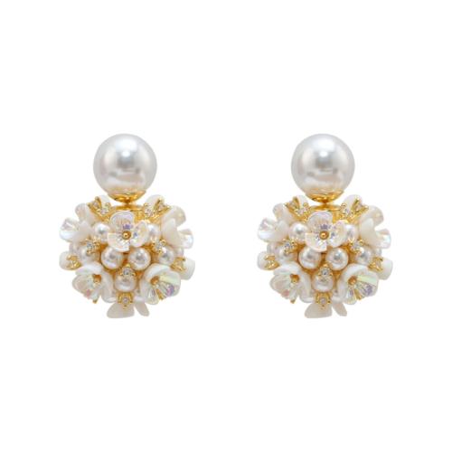 Cubic Zirconia Micro Pave Brass Earring, with Plastic Pearl, Flower, 18K gold plated, fashion jewelry & micro pave cubic zirconia & for woman, white 