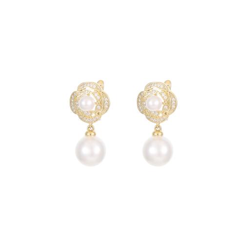 Cubic Zirconia Micro Pave Brass Earring, with Plastic Pearl, real gold plated, fashion jewelry & micro pave cubic zirconia & for woman, golden 