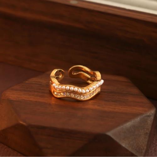 Cubic Zirconia Micro Pave Brass Finger Ring, with Plastic Pearl, fashion jewelry & micro pave cubic zirconia & for woman, US Ring 