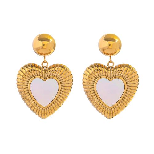Stainless Steel Drop Earring, 304 Stainless Steel, with Shell, Heart, 18K gold plated, fashion jewelry & for woman, golden 