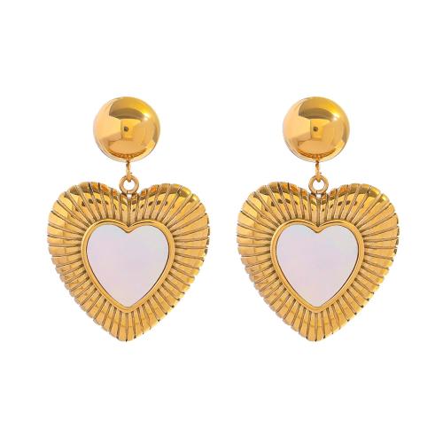 Stainless Steel Drop Earring, 304 Stainless Steel, with Shell, Heart, 18K gold plated, fashion jewelry & for woman, golden [