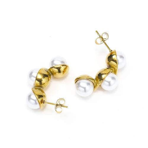 Edelstahl Perle Stud Ohrring, 304 Edelstahl, mit Kunststoff Perlen, Vakuum-Ionen-Beschichtung, Modeschmuck & für Frau, 26x14mm, verkauft von Paar