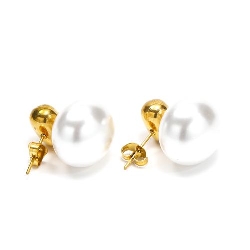 Stainless Steel Stud Earring, 304 Stainless Steel, with Plastic Pearl, Vacuum Ion Plating, fashion jewelry & for woman 