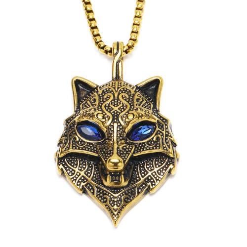 Stainless Steel Jewelry Necklace, 304 Stainless Steel, Wolf, Vacuum Ion Plating, fashion jewelry & for man & with rhinestone 
