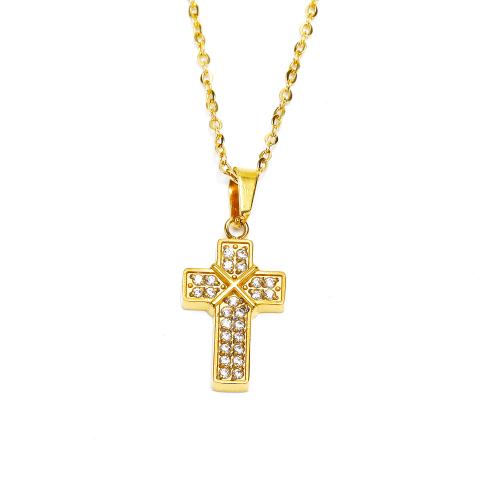 Stainless Steel Jewelry Necklace, 304 Stainless Steel, Cross, Vacuum Ion Plating, fashion jewelry & for woman & with rhinestone, golden Approx 45 cm 