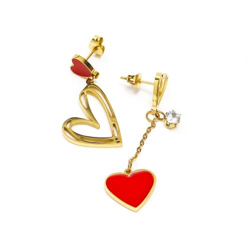 Asymmetric Earrings, 304 Stainless Steel, with Cubic Zirconia, Heart, Vacuum Ion Plating, fashion jewelry & for woman & enamel, golden 
