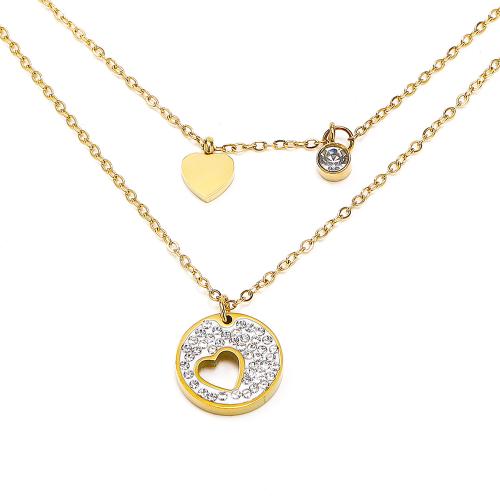 Stainless Steel Jewelry Necklace, 304 Stainless Steel, Flat Round, Vacuum Ion Plating, fashion jewelry & for woman & with rhinestone, golden Approx 45 cm 