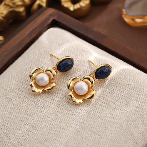 Freshwater Pearl Brass Earring, with Freshwater Pearl, Flower, gold color plated, for woman, white 