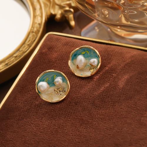 Freshwater Pearl Brass Earring, with Freshwater Pearl, Round, gold color plated, for woman & enamel, mixed colors 