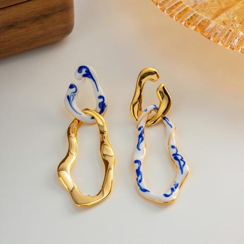 Boucle d'oreille en goutte de laiton, Irrégulière, Placage de couleur d'or, pour femme & émail, bleu Vendu par paire