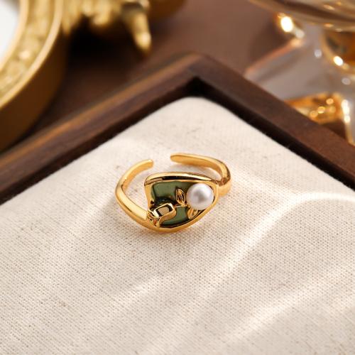 Pearl Brass Finger Ring, with Freshwater Pearl, Rose, gold color plated, for woman & enamel, green 