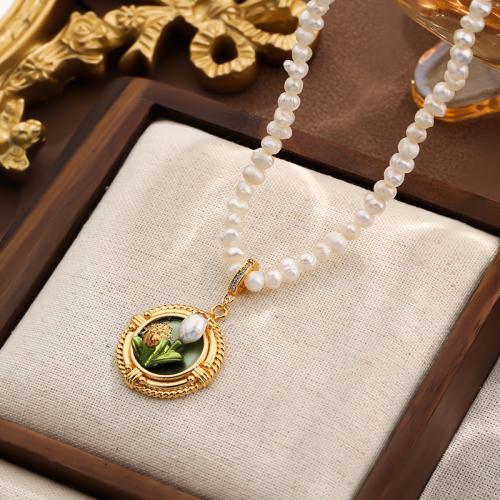 Freshwater Pearl Brass Necklace, with Cubic Zirconia & Freshwater Pearl, with 6.5CM extender chain, Flower, gold color plated, for woman & enamel, green .5 cm 