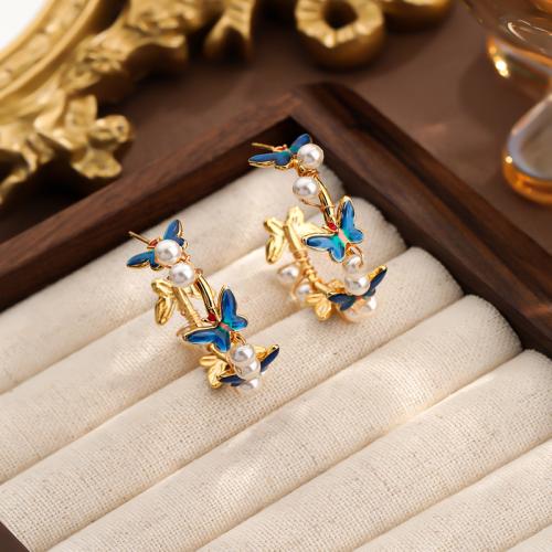 Freshwater Pearl Brass Earring, with Freshwater Pearl, Butterfly, gold color plated, for woman & enamel 