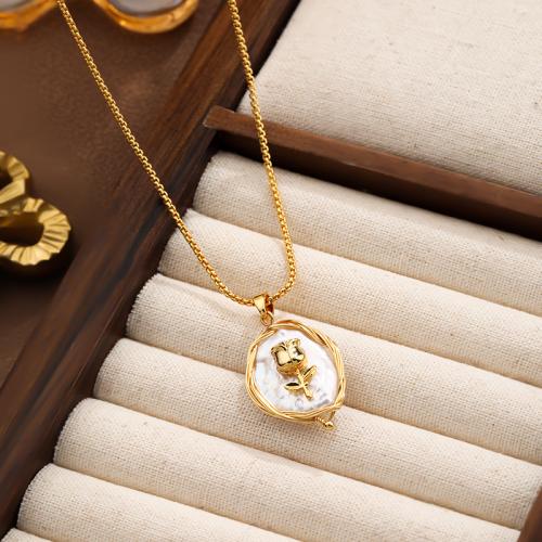 Ожерелье из пресноводных жемчуг на латунной цепочке, Латунь, с Пресноводные жемчуги, Роуз, плакирован золотом, Женский & эмаль, белый длина:63 см, продается PC