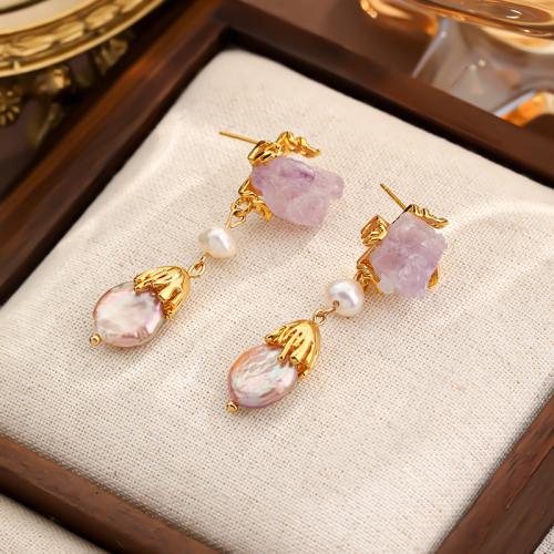 Freshwater Pearl Brass Earring, with Freshwater Pearl & Glass, gold color plated, for woman 