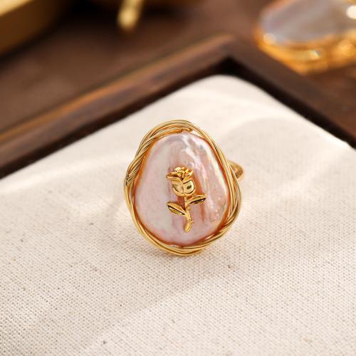 Pearl Brass Finger Ring, with Freshwater Pearl, gold color plated, for woman, white 